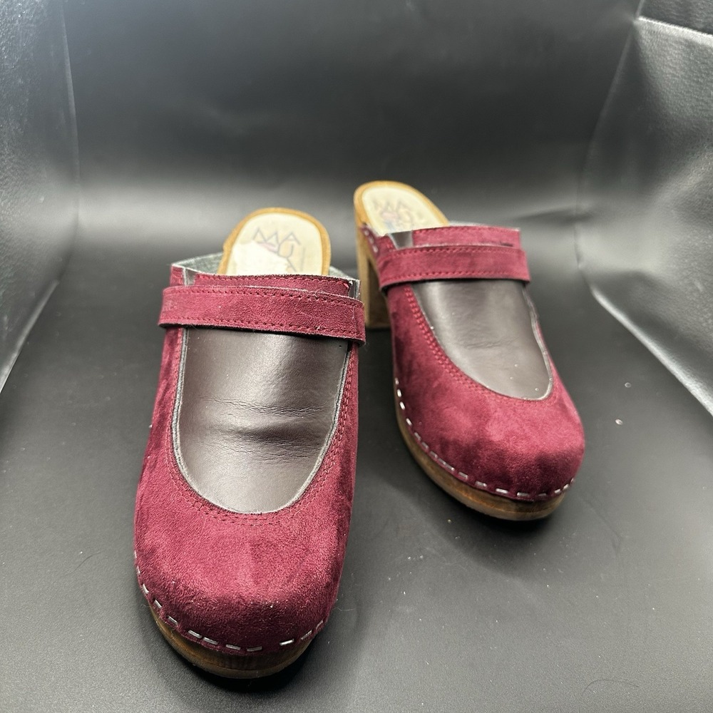 Maguba Clogs Suede & Leather Burgundy Red Wooden Platform Women's Size EU 38 7.5